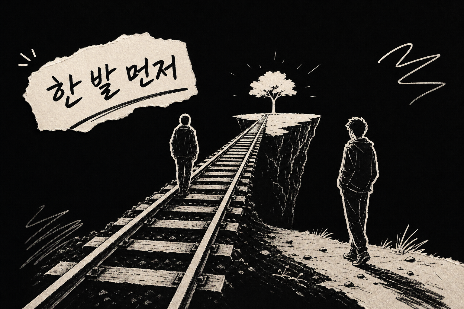 선로 위에 선 사람과 먼저 내려 끝을 바라보는 사람
