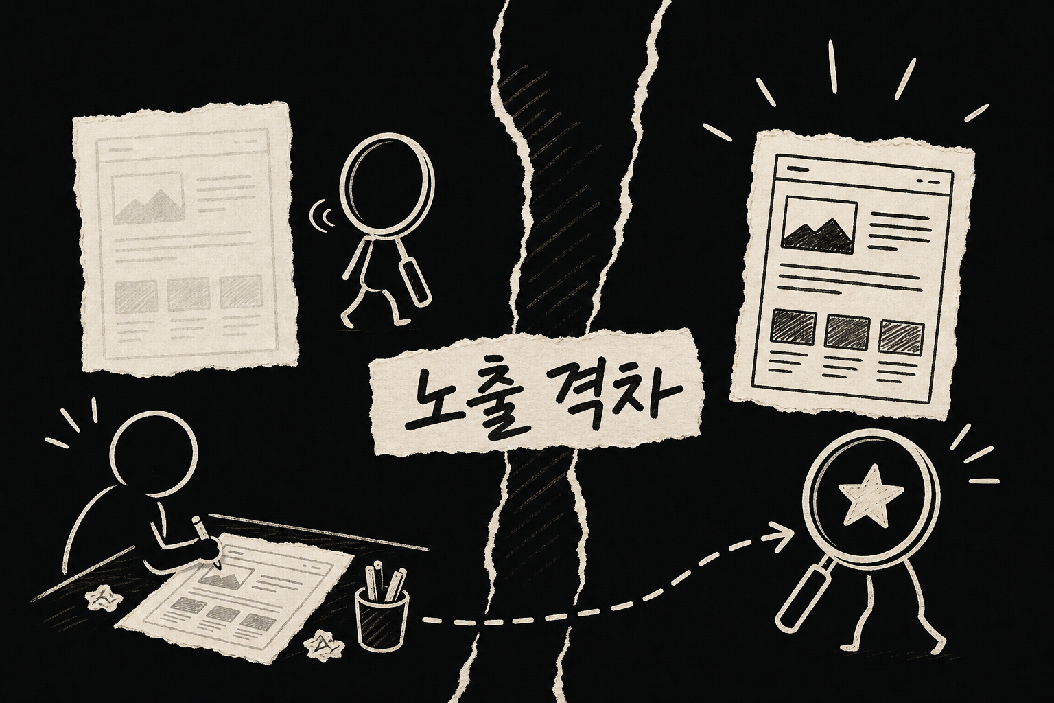 자동 생성된 홈페이지와 검색에 노출되는 홈페이지의 차이를 보여주는 다이어그램