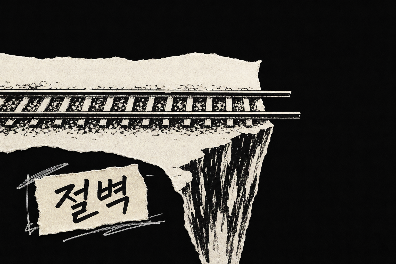 레일이 절벽 끝에서 뚝 끊겨 허공으로 사라지는 모습