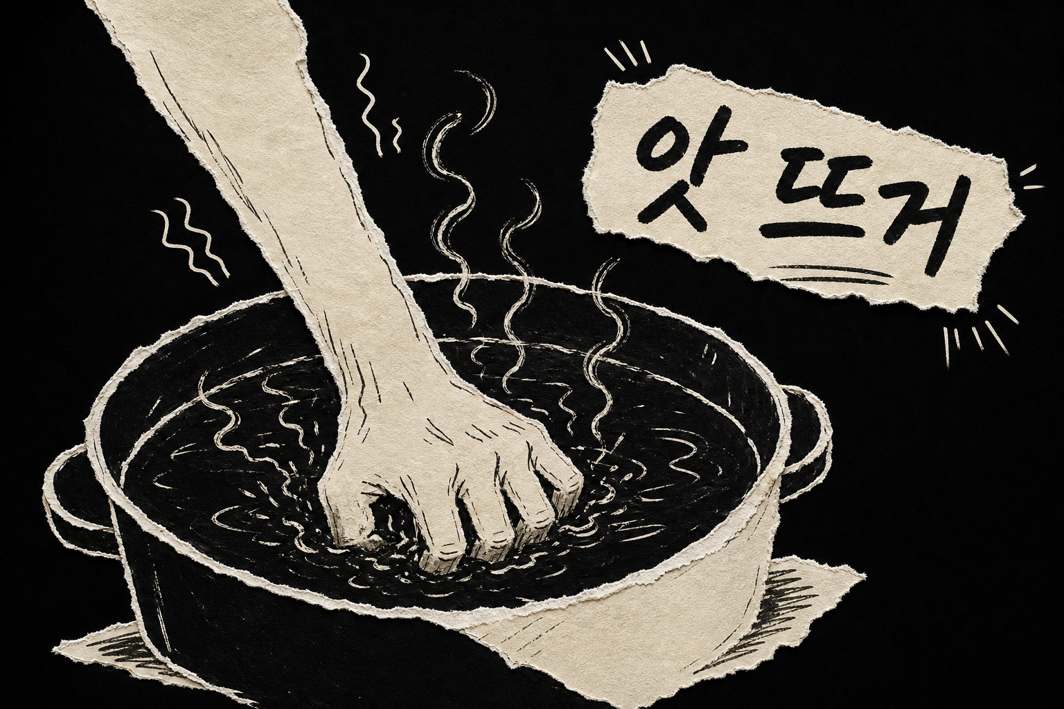 뜨거운 물에 손을 담근 채 빼지 못하는 모습