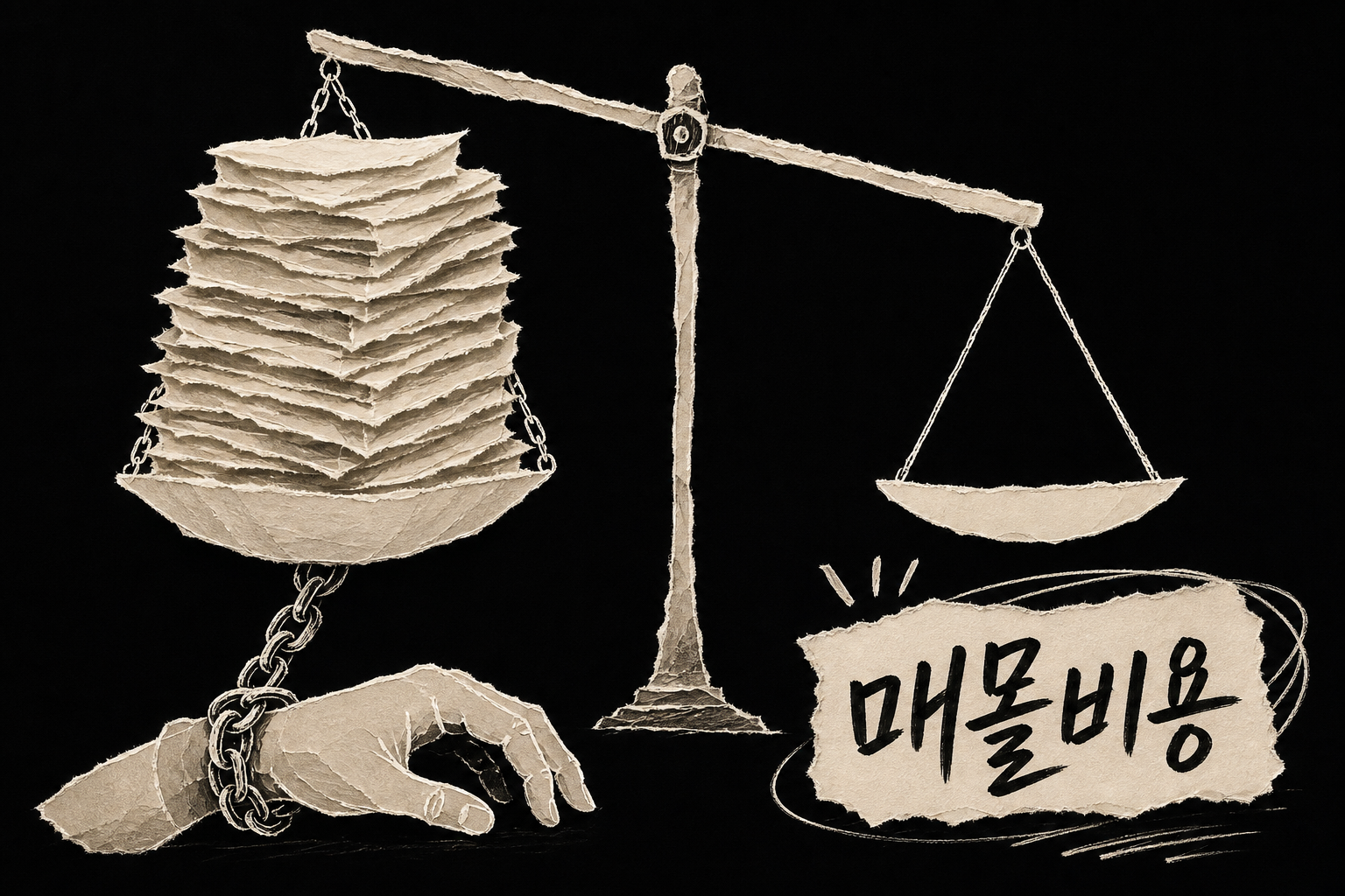 저울 한쪽에 쌓인 지난 10년의 시간이 손을 무겁게 붙잡는 모습