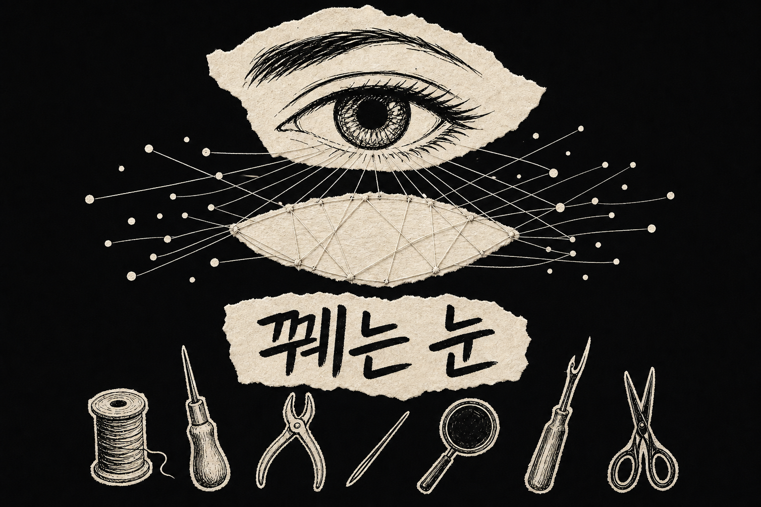 추상적인 점들을 하나의 형태로 꿰뚫어보는 눈이 도구 위에 얹힌 모습